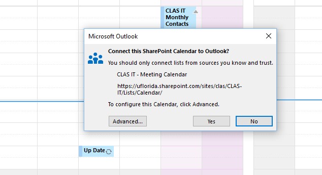 Add Calendar Tutorial - Click yes on dialog box