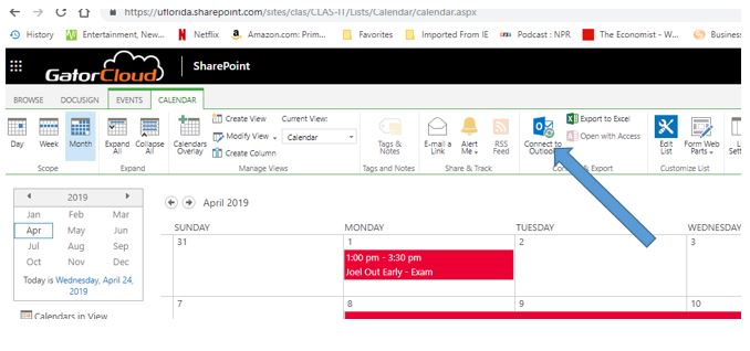 Add Calendar Tutorial - Click on connect to Outlook button