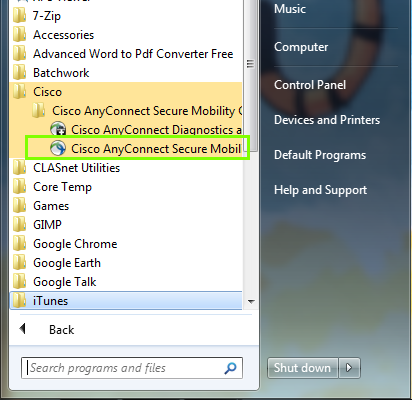 Opening AnyConnect in Windows 7