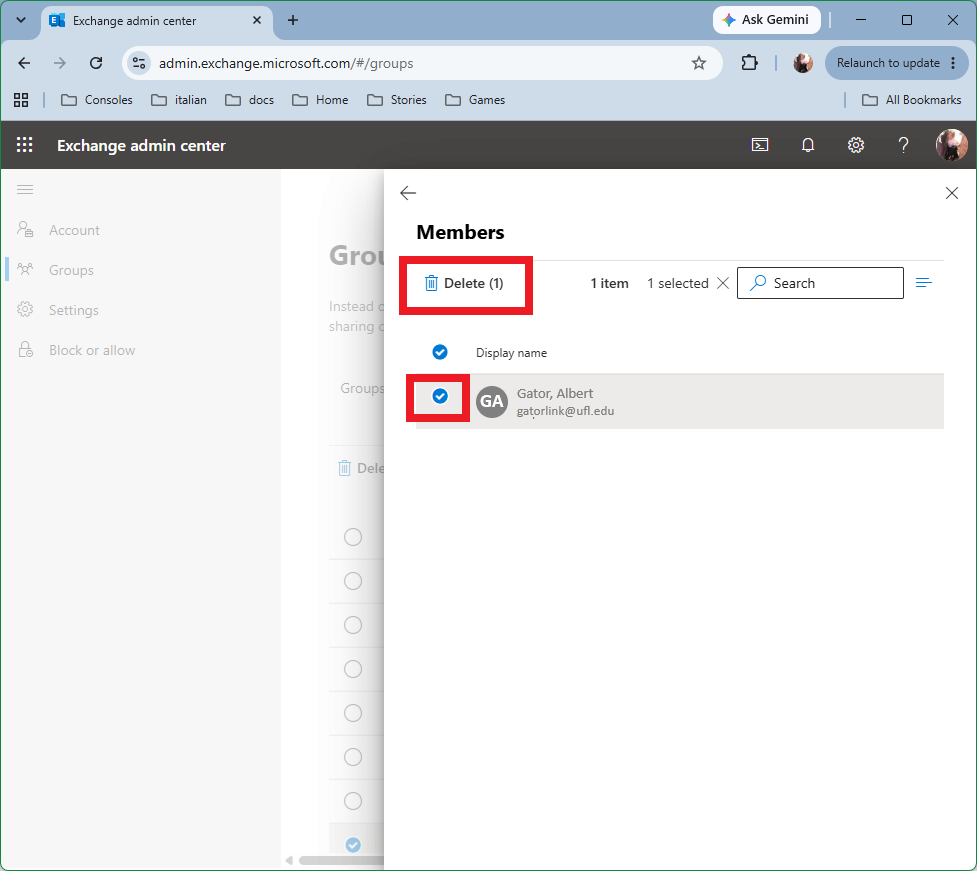 Select member and click Delete